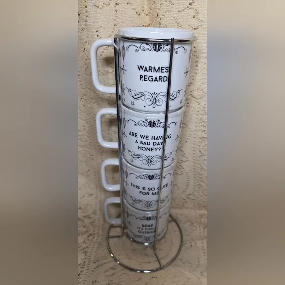 Schitt’s Creek Stackable Mug Set Metal Stand 4 Coffee Cups Quotes Portraits NWT - Picture 2 of 3